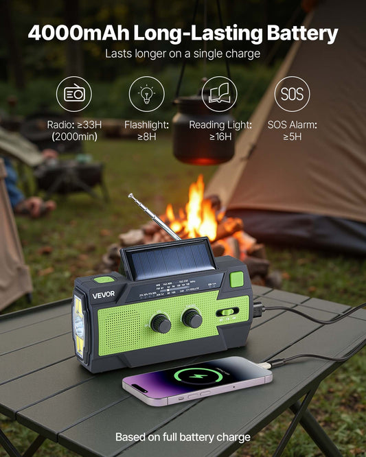 Emergency Weather Radio, 4000mAh Battery, FM/AM/phone charger Solar powered wind knob