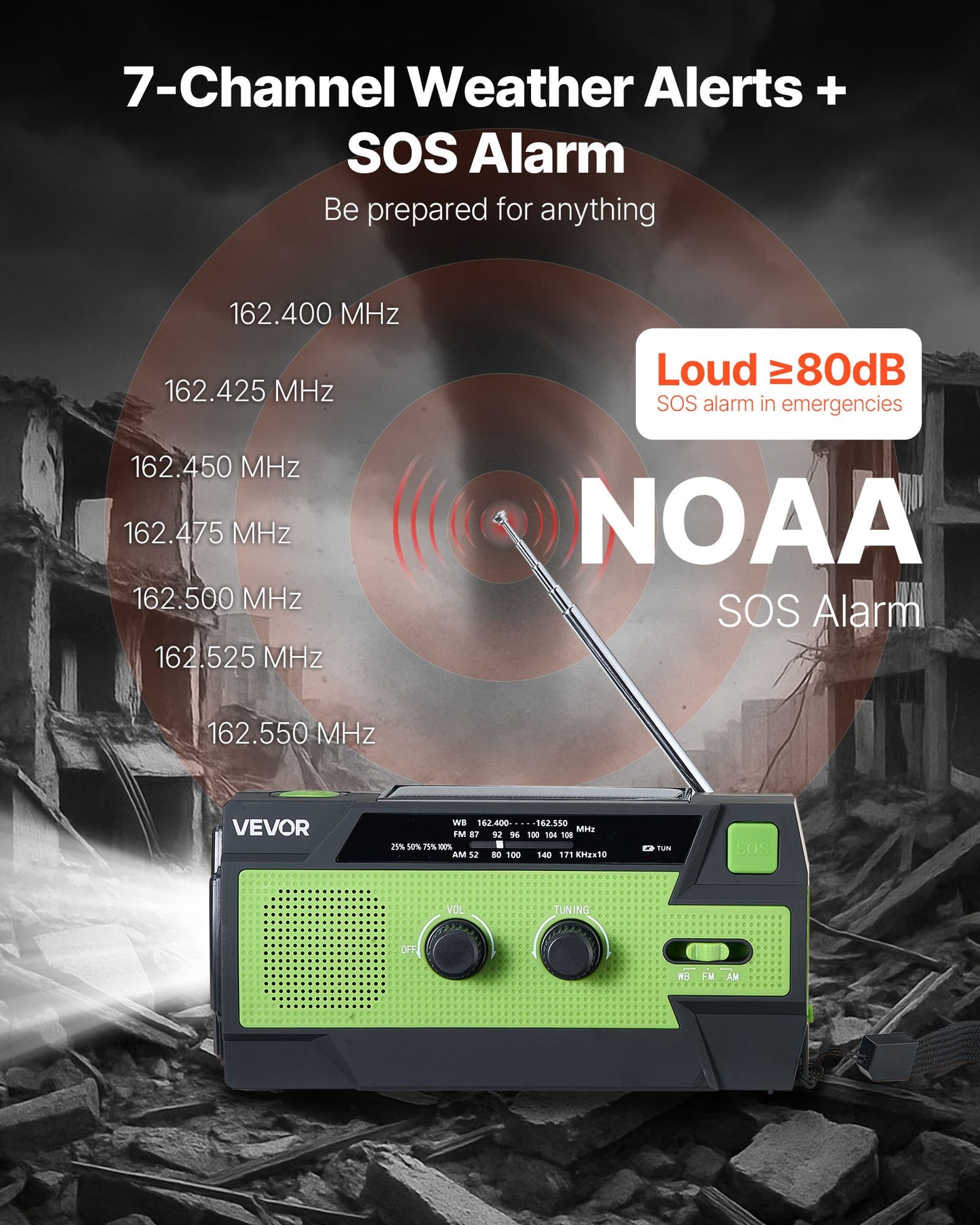 Emergency Weather Radio, 4000mAh Battery, FM/AM/phone charger Solar powered wind knob
